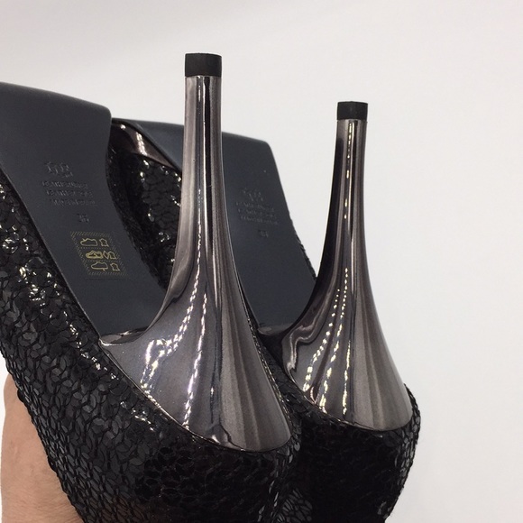 Aldo Ladies Black Sequin High Heels Pumps Open Toe Size 5.5 - Picture 7 of 11